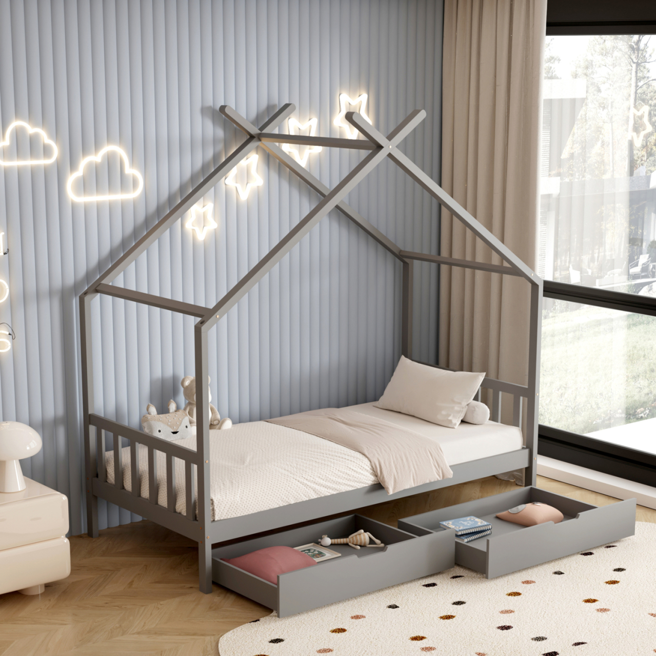 BED FOR KIDS KLARICE HM680.05 t.MONTESSORI-2 DRAWERS- SOLID PINE WOOD IN GREY- 190x90cm. [4]