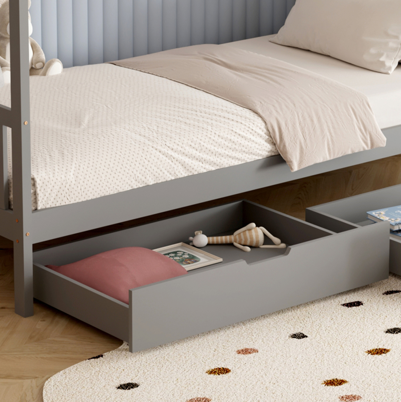 BED FOR KIDS KLARICE HM680.05 t.MONTESSORI-2 DRAWERS- SOLID PINE WOOD IN GREY- 190x90cm. [7]