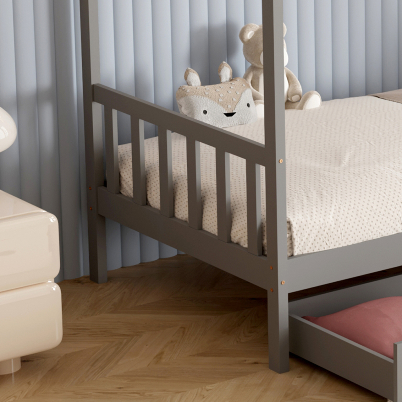 BED FOR KIDS KLARICE HM680.05 t.MONTESSORI-2 DRAWERS- SOLID PINE WOOD IN GREY- 190x90cm. [6]
