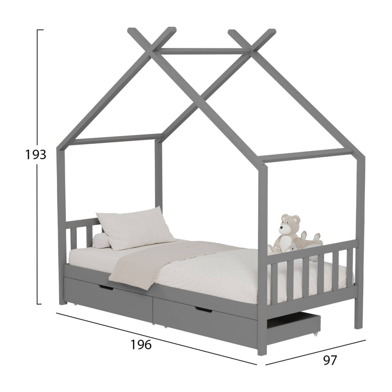 BED FOR KIDS KLARICE HM680.05 t.MONTESSORI-2 DRAWERS- SOLID PINE WOOD IN GREY- 190x90cm. [3]