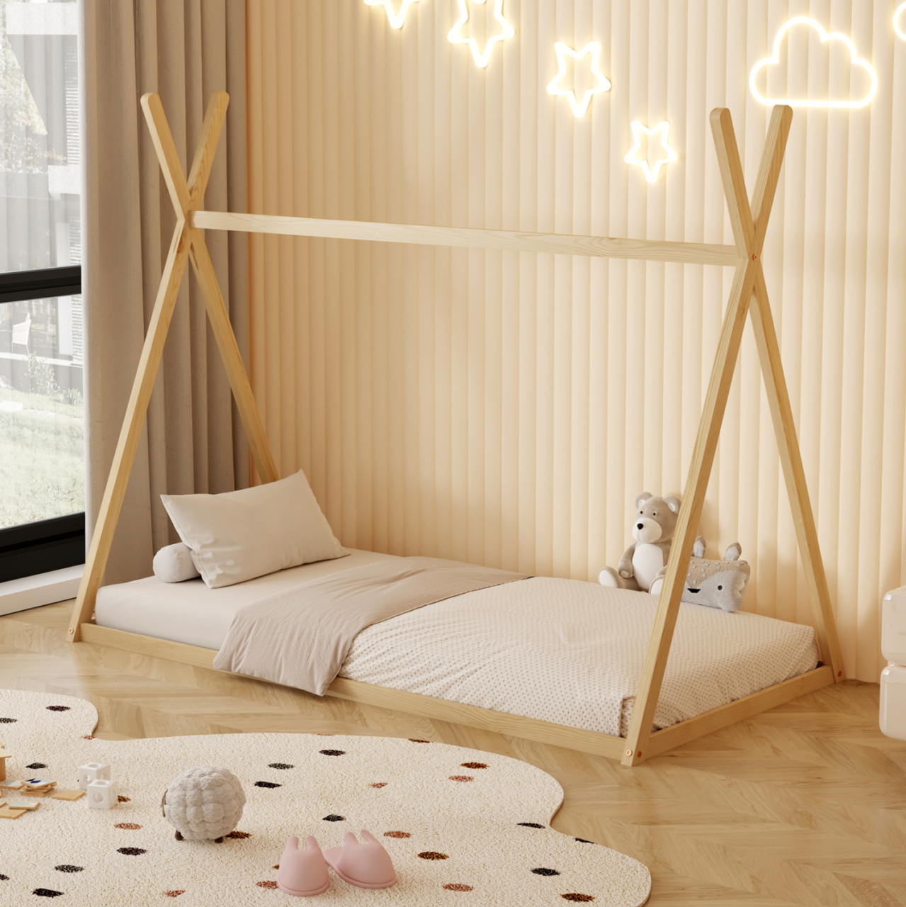 BED FOR KIDS MUNK HM681.01 t.MONTESSORI SOLID PINE WOOD IN NATURAL FOR MATTRESS 190x90cm. [2]
