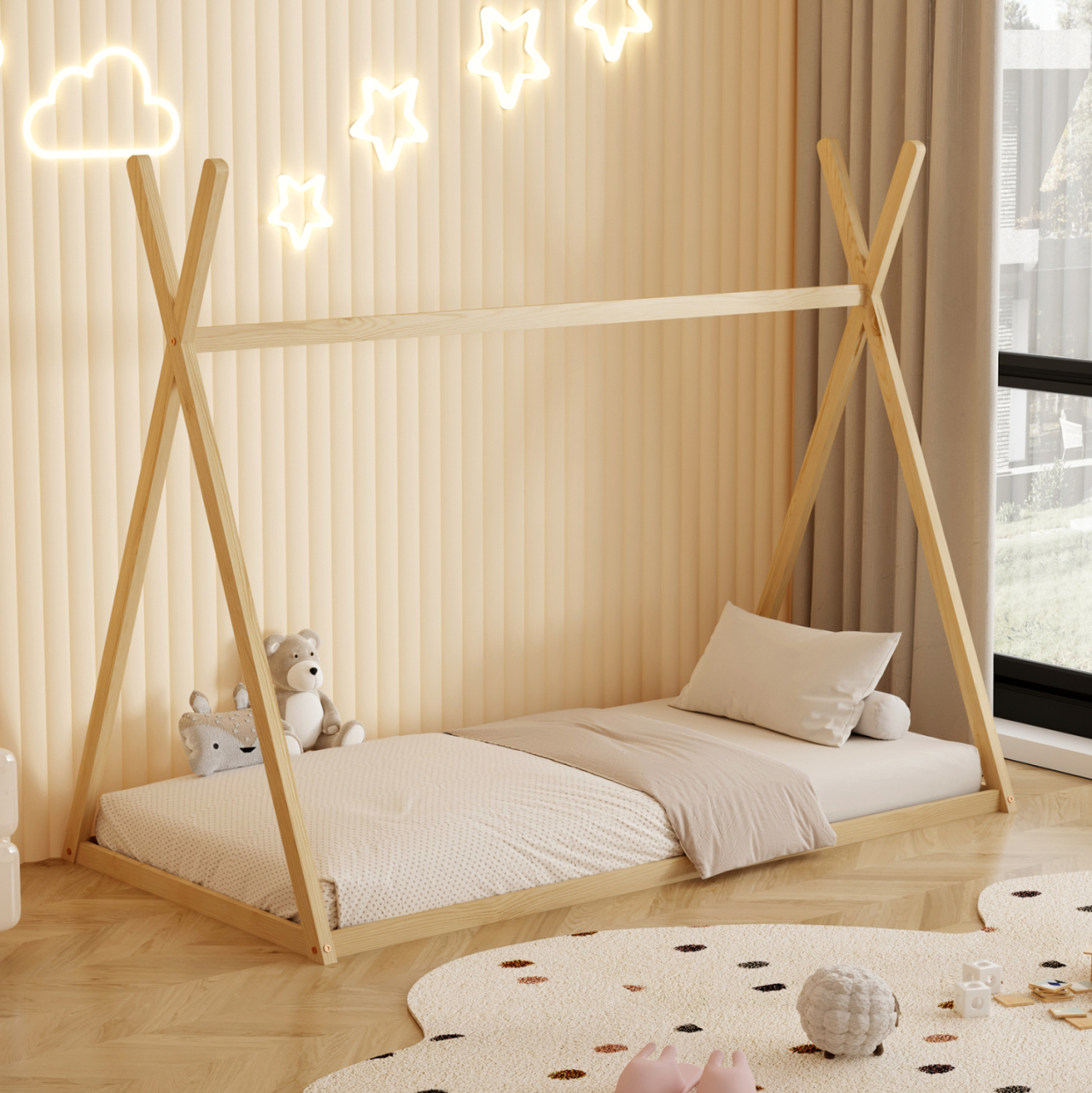 BED FOR KIDS MUNK HM681.01 t.MONTESSORI SOLID PINE WOOD IN NATURAL FOR MATTRESS 190x90cm. [4]