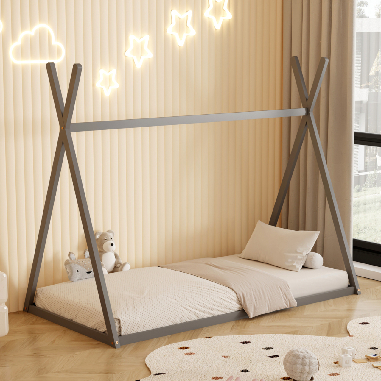 BED FOR KIDS MUNK HM681.05 t.MONTESSORI SOLID PINE WOOD IN GREY- 190x90cm. [4]