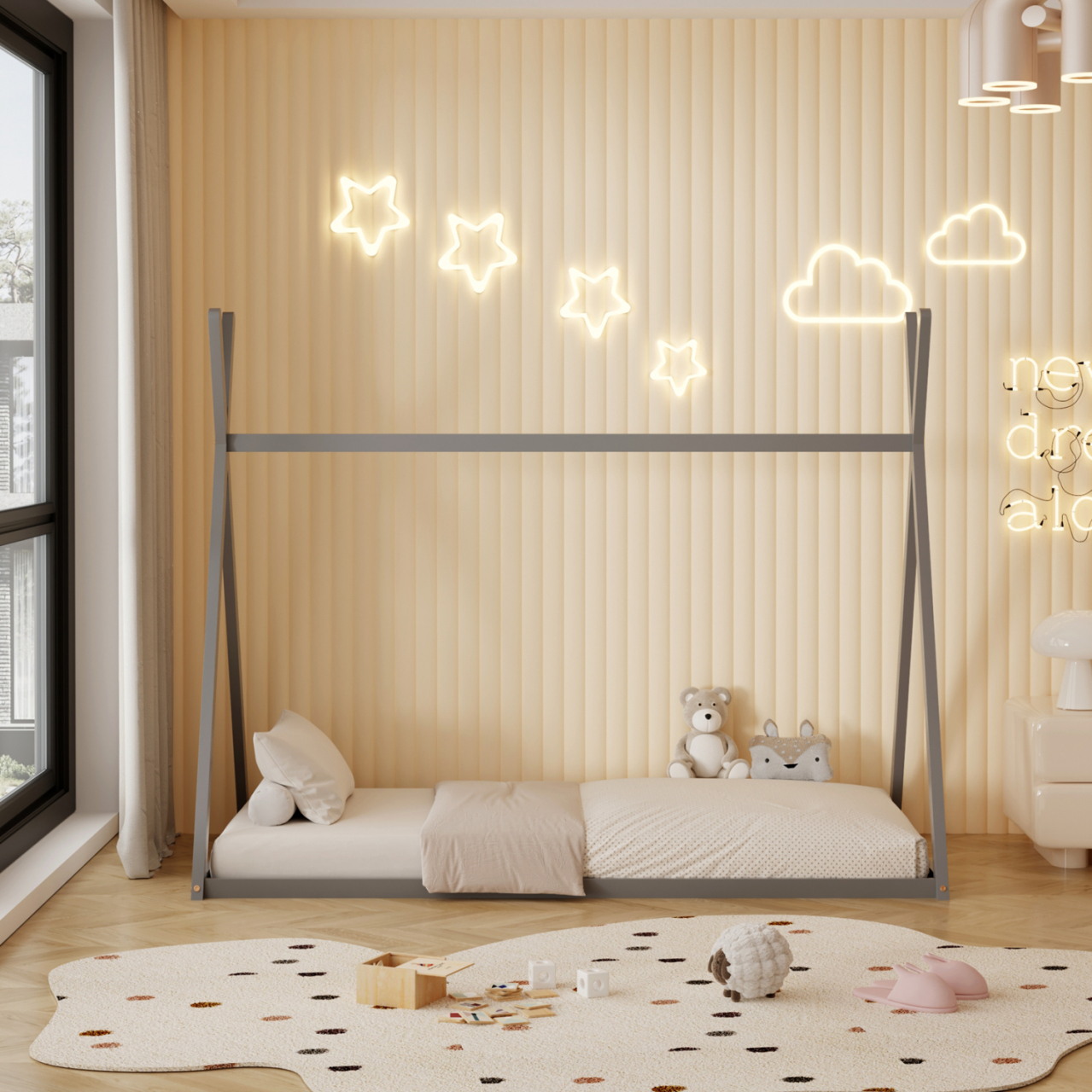 BED FOR KIDS MUNK HM681.05 t.MONTESSORI SOLID PINE WOOD IN GREY- 190x90cm. [5]