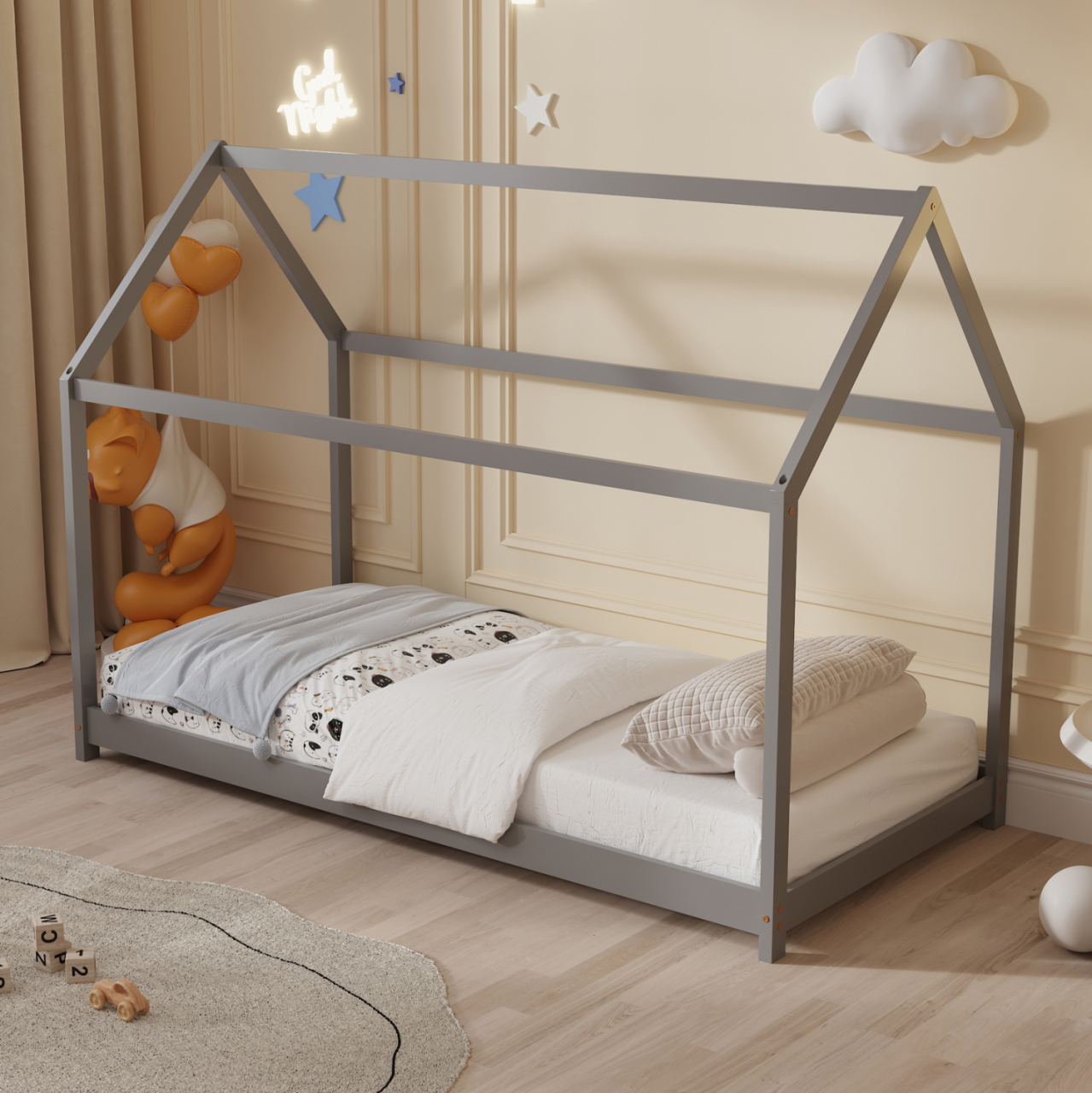 BED FOR KIDS PEPE HM677.05 t.MONTESSORI SOLID PINE WOOD IN GREY- 190x90cm. [2]