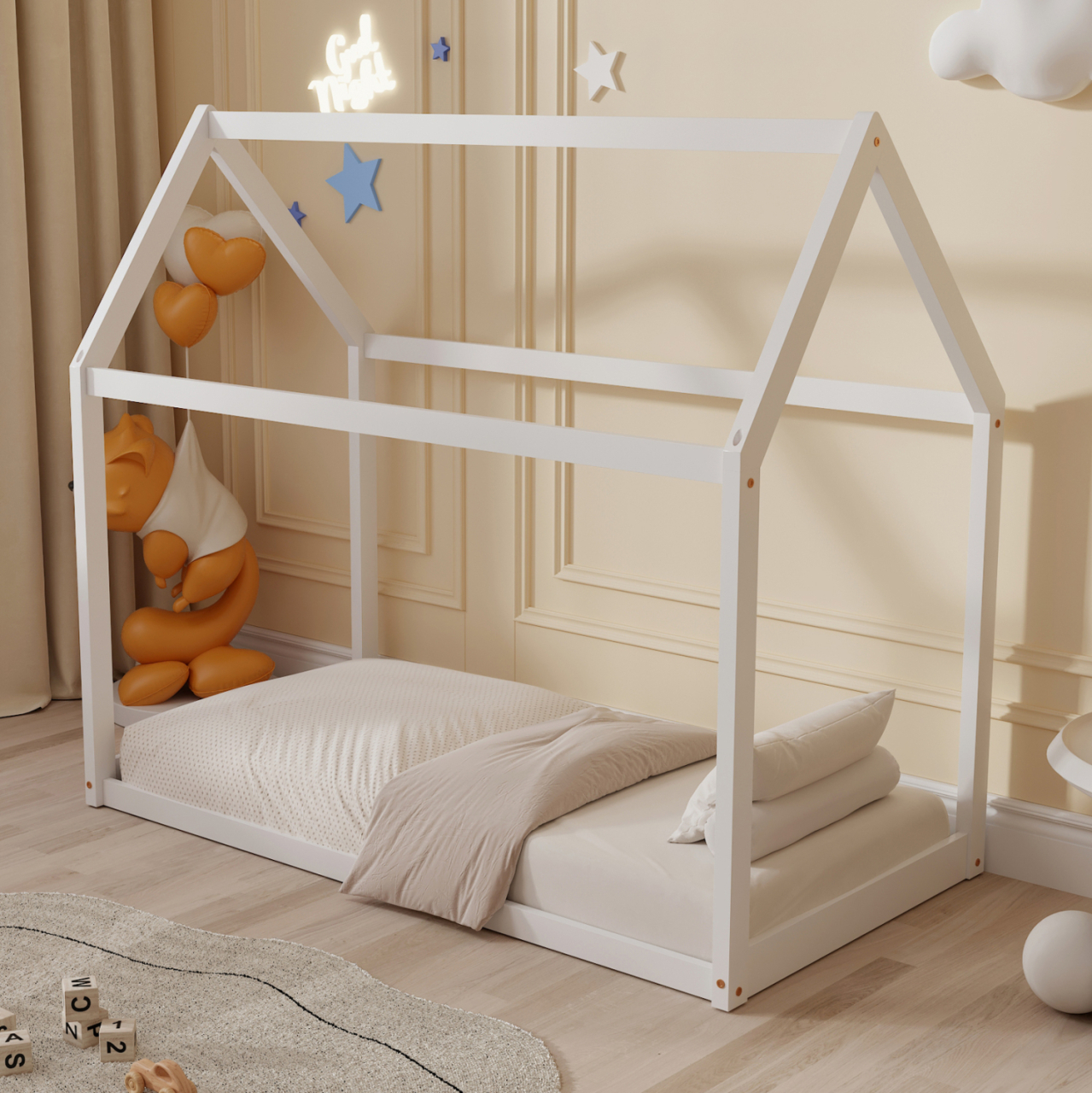 BED FOR KIDS PEPE HM678.03 t.MONTESSORI SOLID PINE WOOD IN WHITE- 140x70cm. [2]