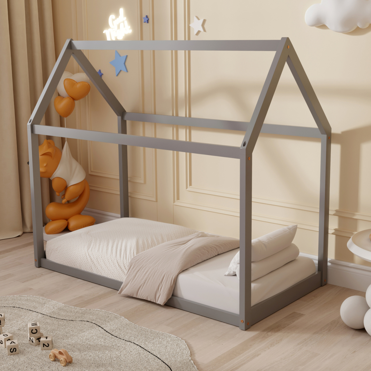 BED FOR KIDS PEPE HM678.05 t.MONTESSORI SOLID PINE WOOD IN GREY- 140x70cm. [2]