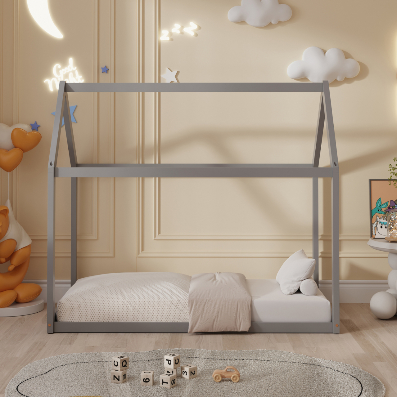 BED FOR KIDS PEPE HM678.05 t.MONTESSORI SOLID PINE WOOD IN GREY- 140x70cm. [4]