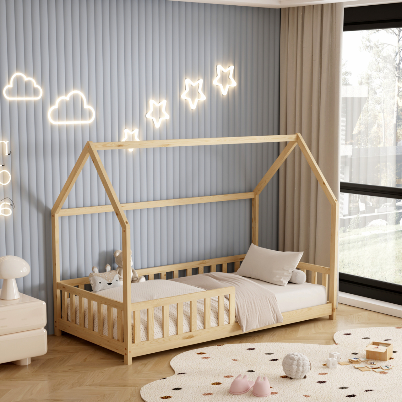 BED FOR KIDS WITH FENCE PHYLLIS HM679.01 t.MONTESSORI SOLID PINE WOOD IN NATURAL- 190x90cm. [5]