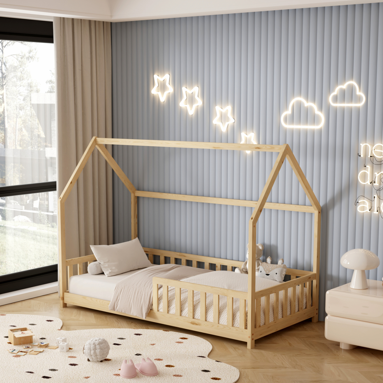 BED FOR KIDS WITH FENCE PHYLLIS HM679.01 t.MONTESSORI SOLID PINE WOOD IN NATURAL- 190x90cm. [2]