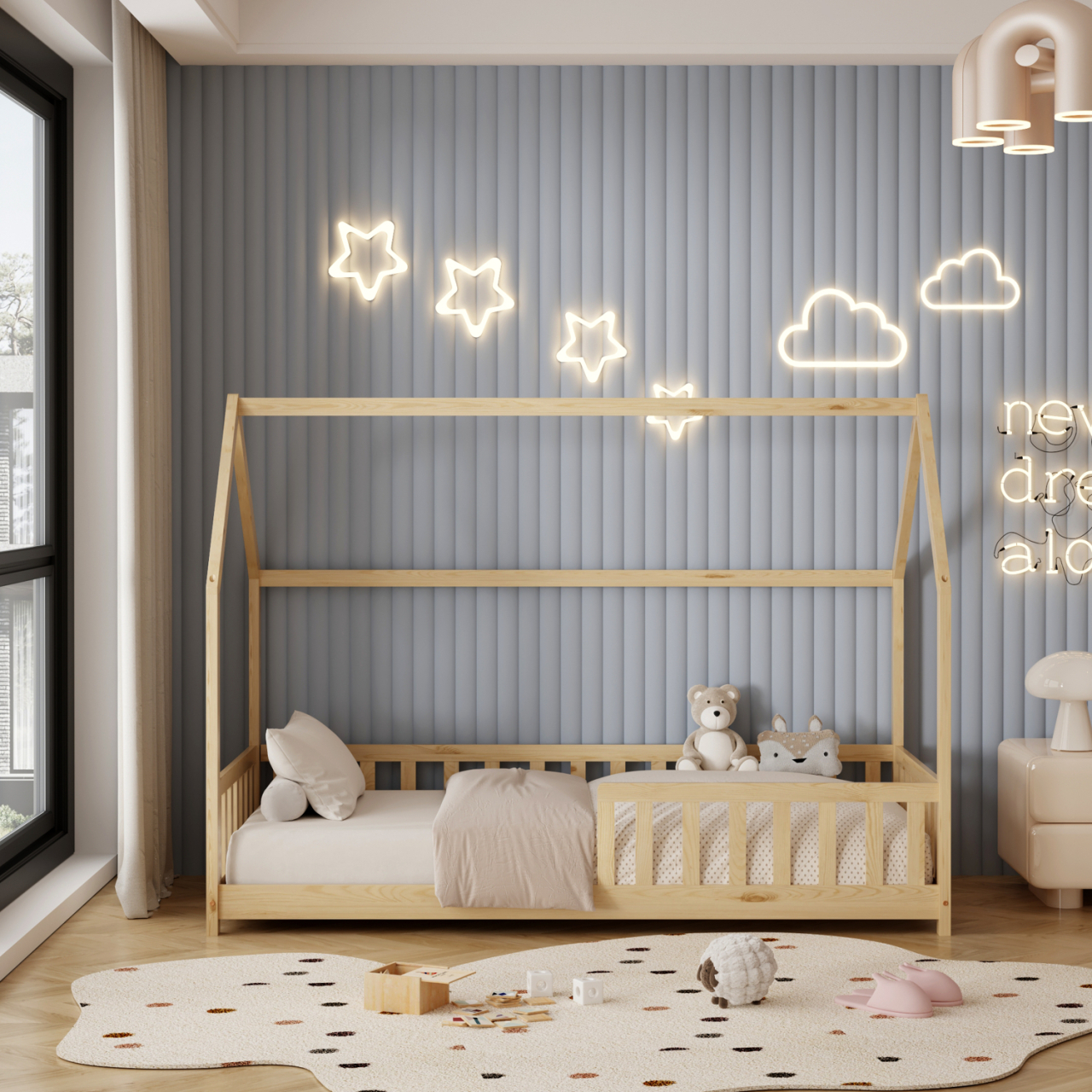 BED FOR KIDS WITH FENCE PHYLLIS HM679.01 t.MONTESSORI SOLID PINE WOOD IN NATURAL- 190x90cm. [4]