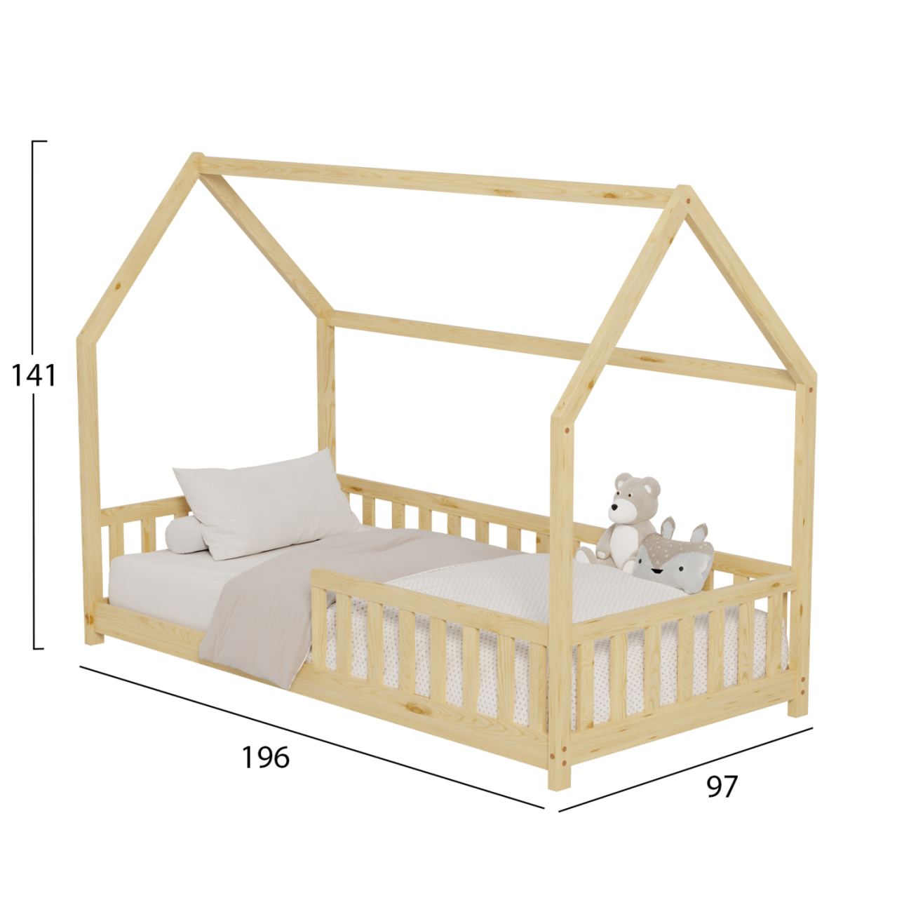 BED FOR KIDS WITH FENCE PHYLLIS HM679.01 t.MONTESSORI SOLID PINE WOOD IN NATURAL- 190x90cm. [3]