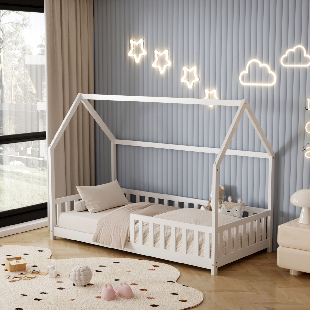 BED FOR KIDS WITH FENCE PHYLLIS HM679.03 t.MONTESSORI SOLID PINE WOOD IN WHITE- 190x90cm. [2]