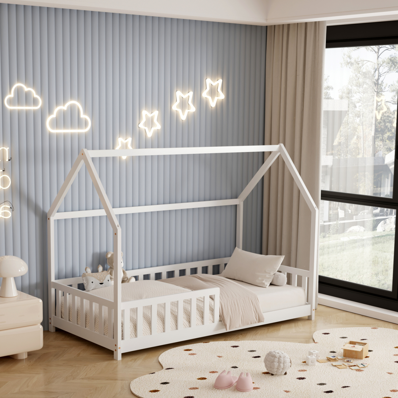 BED FOR KIDS WITH FENCE PHYLLIS HM679.03 t.MONTESSORI SOLID PINE WOOD IN WHITE- 190x90cm. [5]