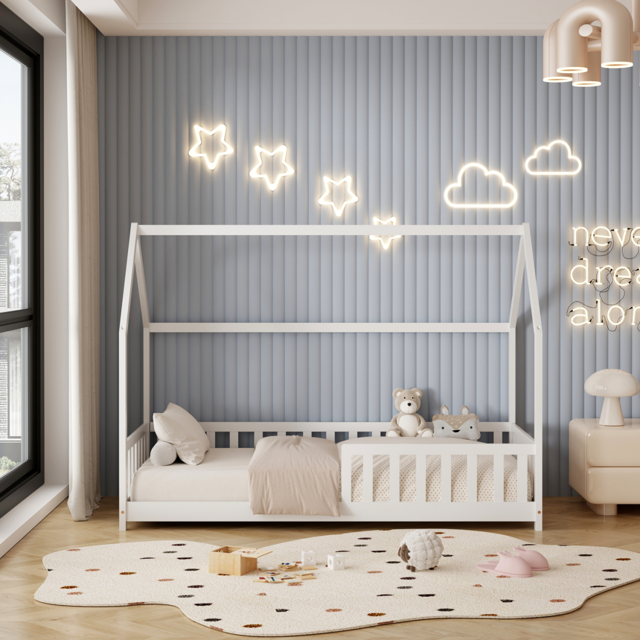 BED FOR KIDS WITH FENCE PHYLLIS HM679.03 t.MONTESSORI SOLID PINE WOOD IN WHITE- 190x90cm. [4]