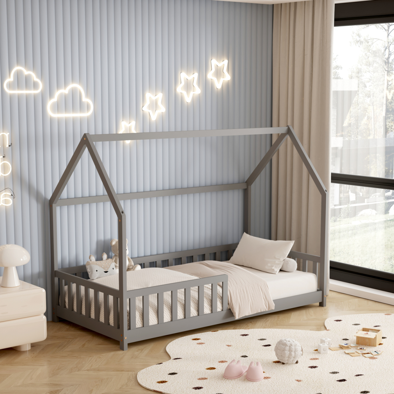 BED FOR KIDS WITH FENCE PHYLLIS HM679.05 t.MONTESSORI SOLID PINE WOOD IN GREY- 190x90cm. [5]