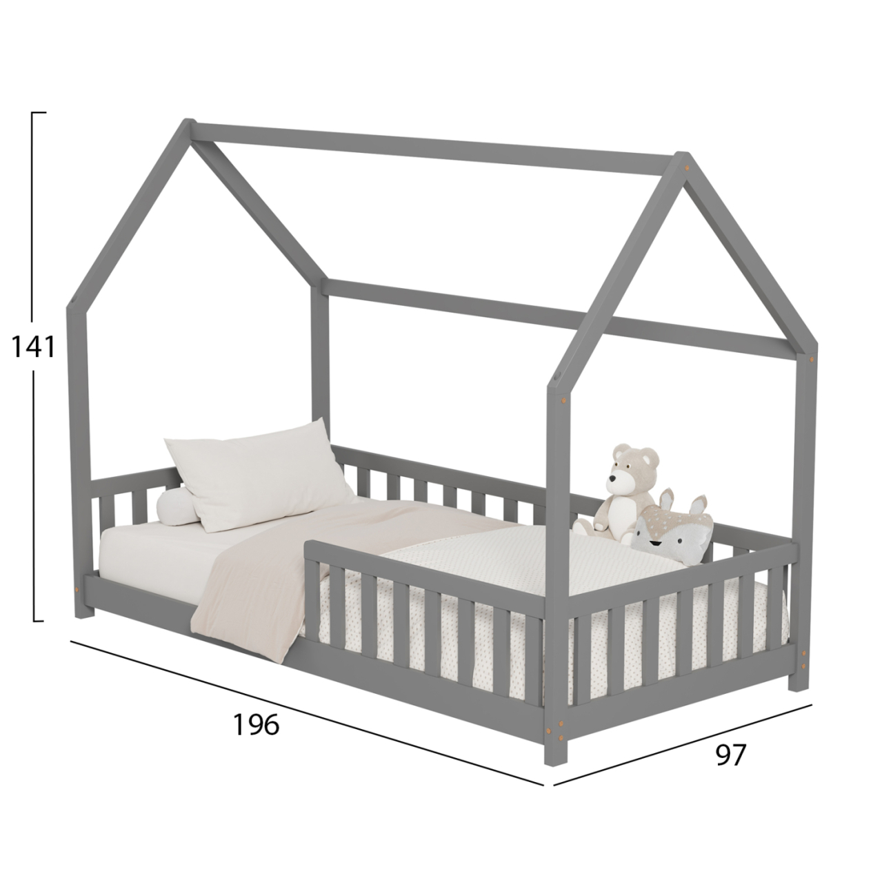 BED FOR KIDS WITH FENCE PHYLLIS HM679.05 t.MONTESSORI SOLID PINE WOOD IN GREY- 190x90cm. [3]