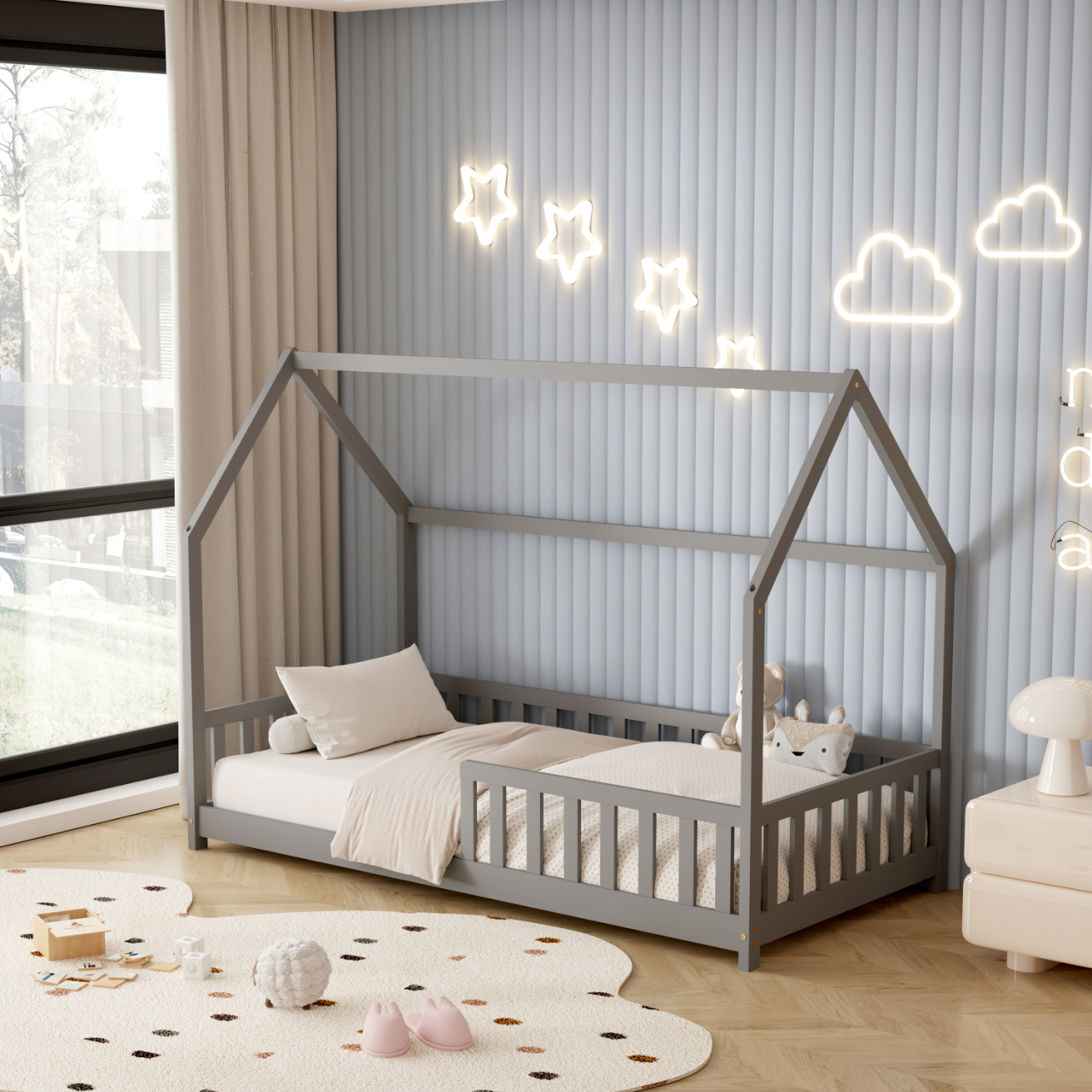 BED FOR KIDS WITH FENCE PHYLLIS HM679.05 t.MONTESSORI SOLID PINE WOOD IN GREY- 190x90cm. [2]