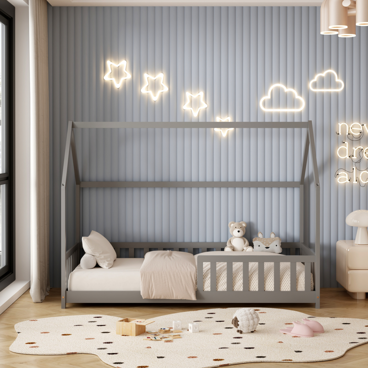 BED FOR KIDS WITH FENCE PHYLLIS HM679.05 t.MONTESSORI SOLID PINE WOOD IN GREY- 190x90cm. [4]