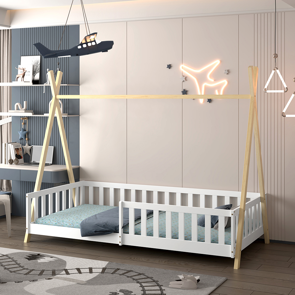 BED FOR KIDS WITH RAILING MUNK HM739.03 t.MONTESSORI-PINE WOOD IN NATURAL-WHITE FOR MATTRESS 190x90cm. [5]