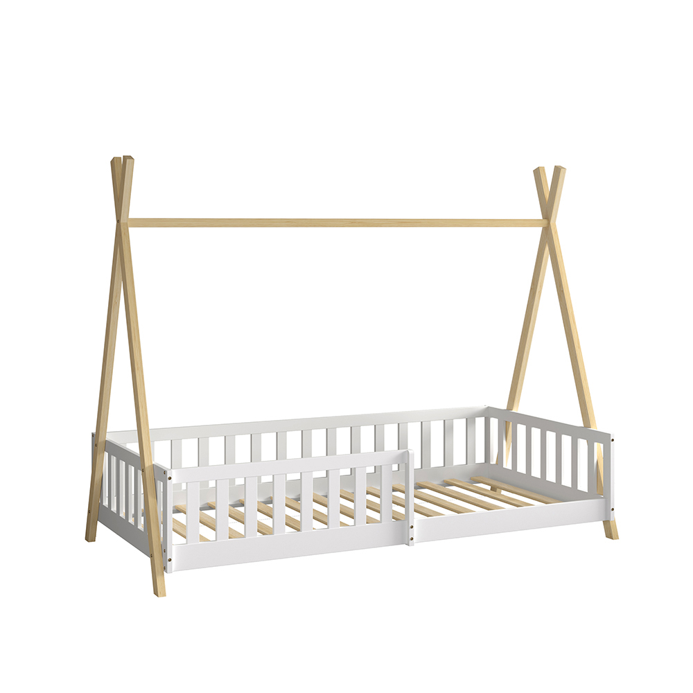 BED FOR KIDS WITH RAILING MUNK HM739.03 t.MONTESSORI-PINE WOOD IN NATURAL-WHITE FOR MATTRESS 190x90cm. [10]