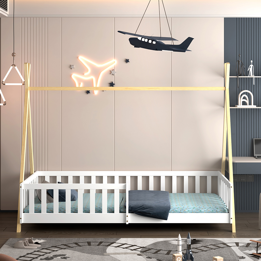 BED FOR KIDS WITH RAILING MUNK HM739.03 t.MONTESSORI-PINE WOOD IN NATURAL-WHITE FOR MATTRESS 190x90cm. [4]
