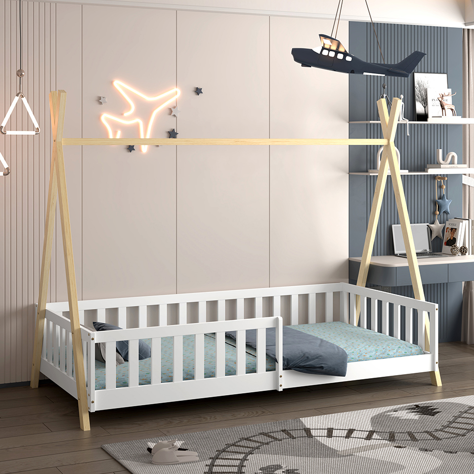 BED FOR KIDS WITH RAILING MUNK HM739.03 t.MONTESSORI-PINE WOOD IN NATURAL-WHITE FOR MATTRESS 190x90cm. [2]