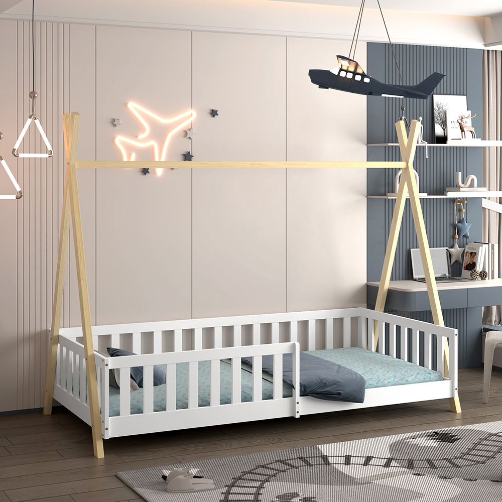 BED FOR KIDS WITH RAILING MUNK HM739.03 t.MONTESSORI-PINE WOOD IN NATURAL-WHITE FOR MATTRESS 190x90cm. [9]