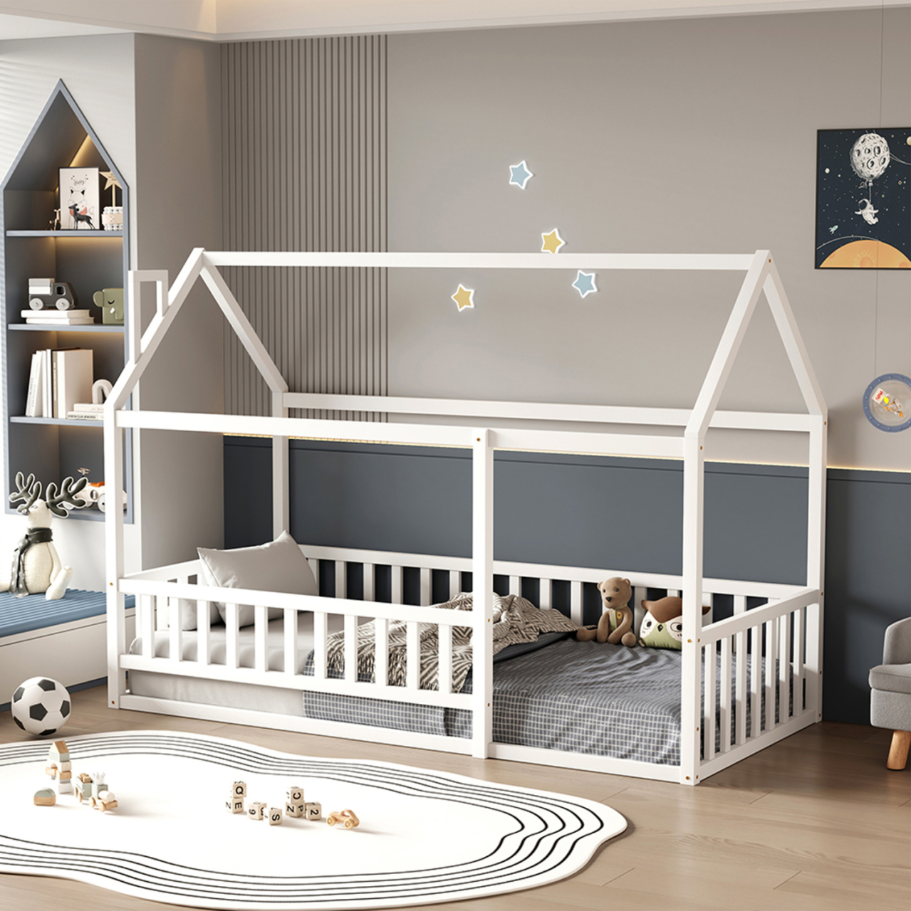 BED FOR KIDS WITH RAILINGS HOUSER HM706.03 t.MONTESSORI SOLID PINE WOOD IN WHITE- 190x90cm. [3]