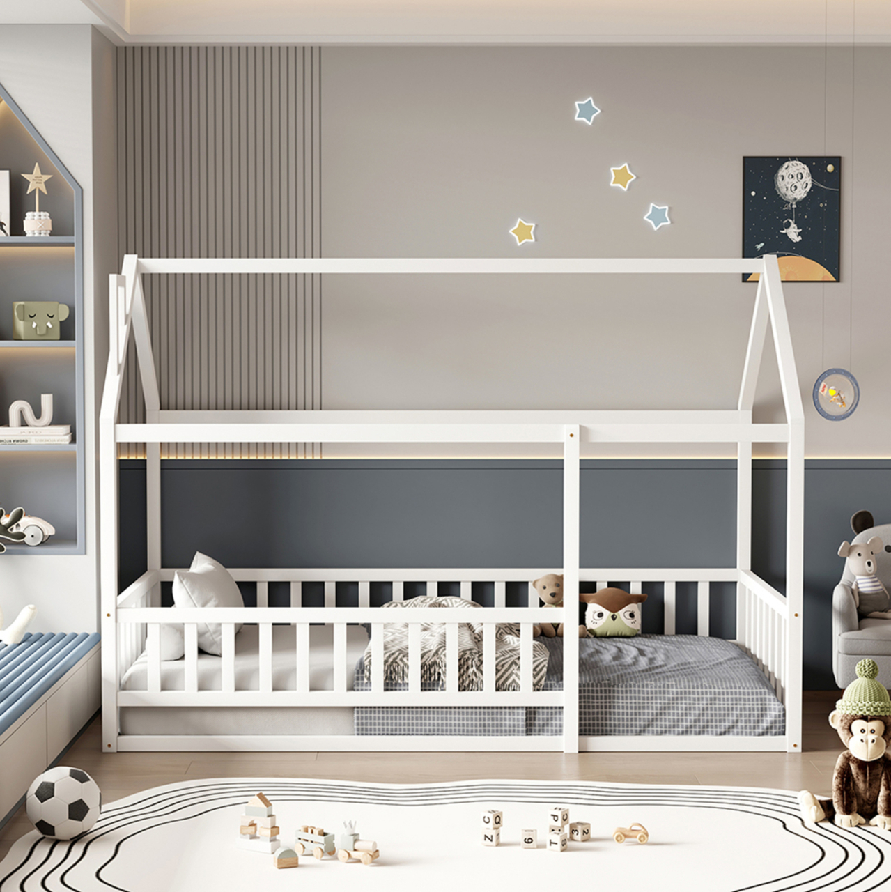 BED FOR KIDS WITH RAILINGS HOUSER HM706.03 t.MONTESSORI SOLID PINE WOOD IN WHITE- 190x90cm. [4]