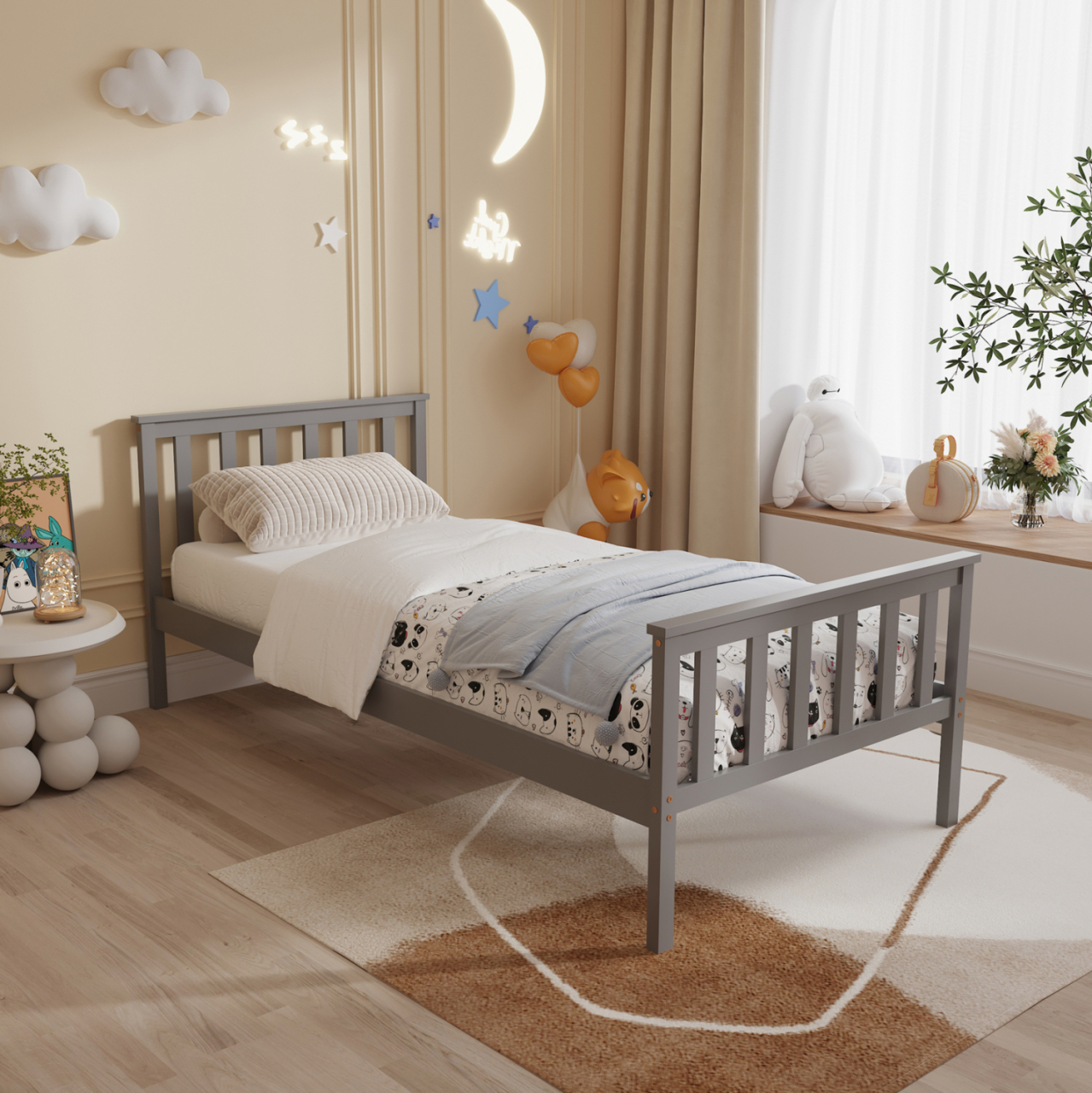 BED GIMLY HM675.05 SOLID PINE WOOD IN GREY FOR MATTRESS 190x90cm. [2]