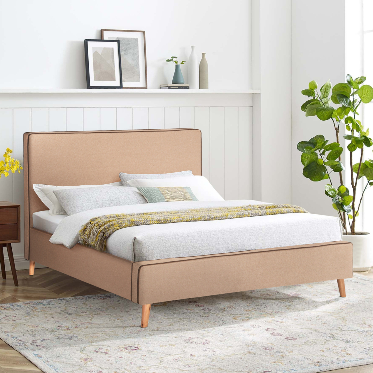 BED INDRA FB9662.02 BEIGE FABRIC BROWN RAIL FOR MATTRESS 160X200cm. [2]