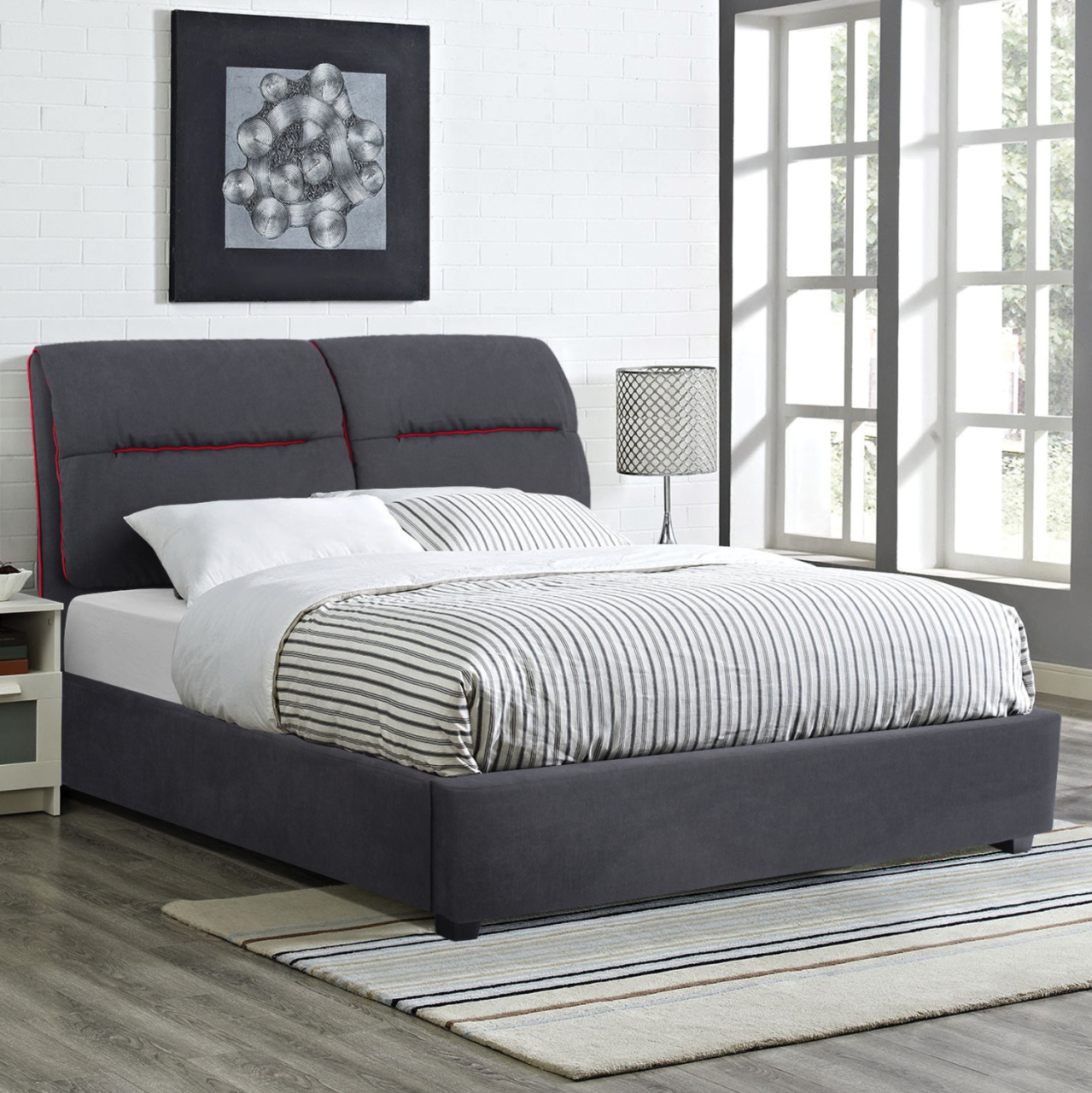 Bed Kendra HM562, 150x200cm, grey fabric and red stripes [2]