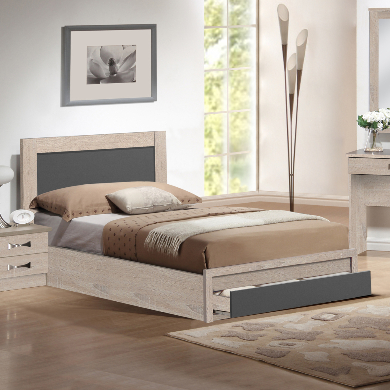 BED MELANY HM323.04 WITH 1 DRAWER IN SONΟMA GREY FOR MATTRESS 110X190cm. [2]