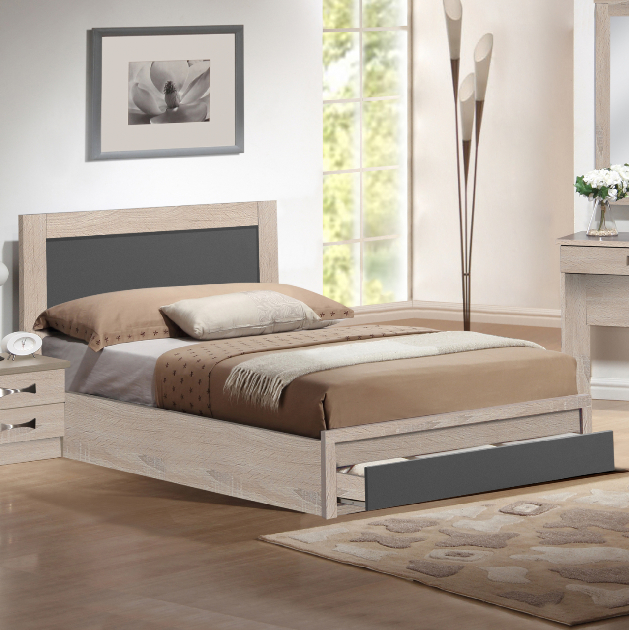 BED MELANY HM346.04 WITH 1 DRAWER IN SONOMA GREY FOR MATTRESS 90X190cm [2]