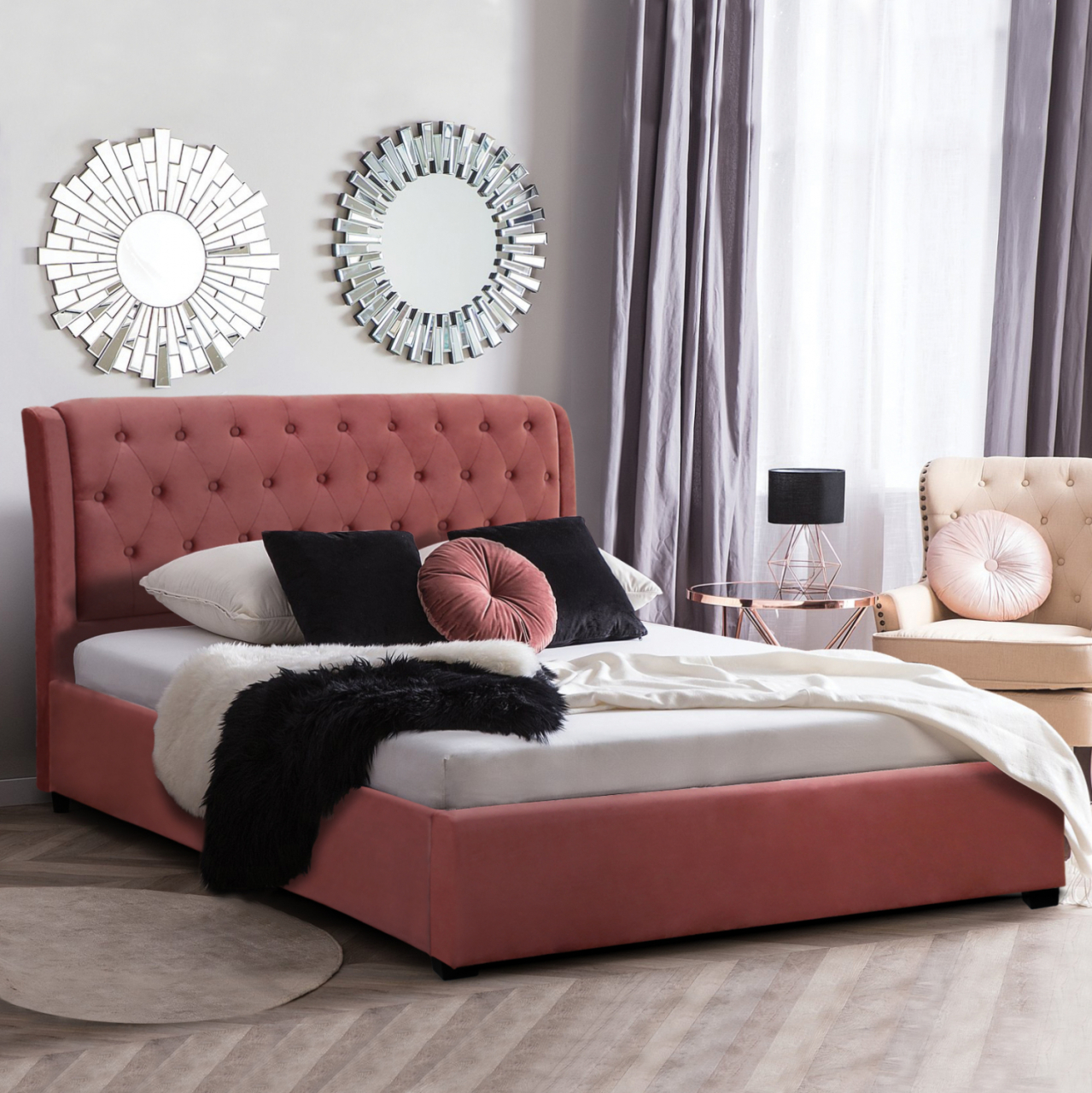 BED ODALYS 150X200 VELVET FABRIC DUSTY PINK HM549.12 164x223x100 cm. [2]