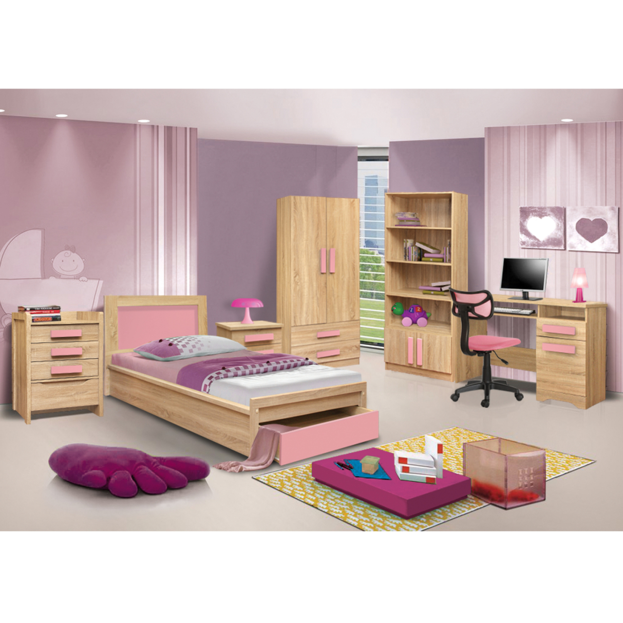 Bed with drawer Playroom HM330.02 Sonama-Pink 90x190cm [3]