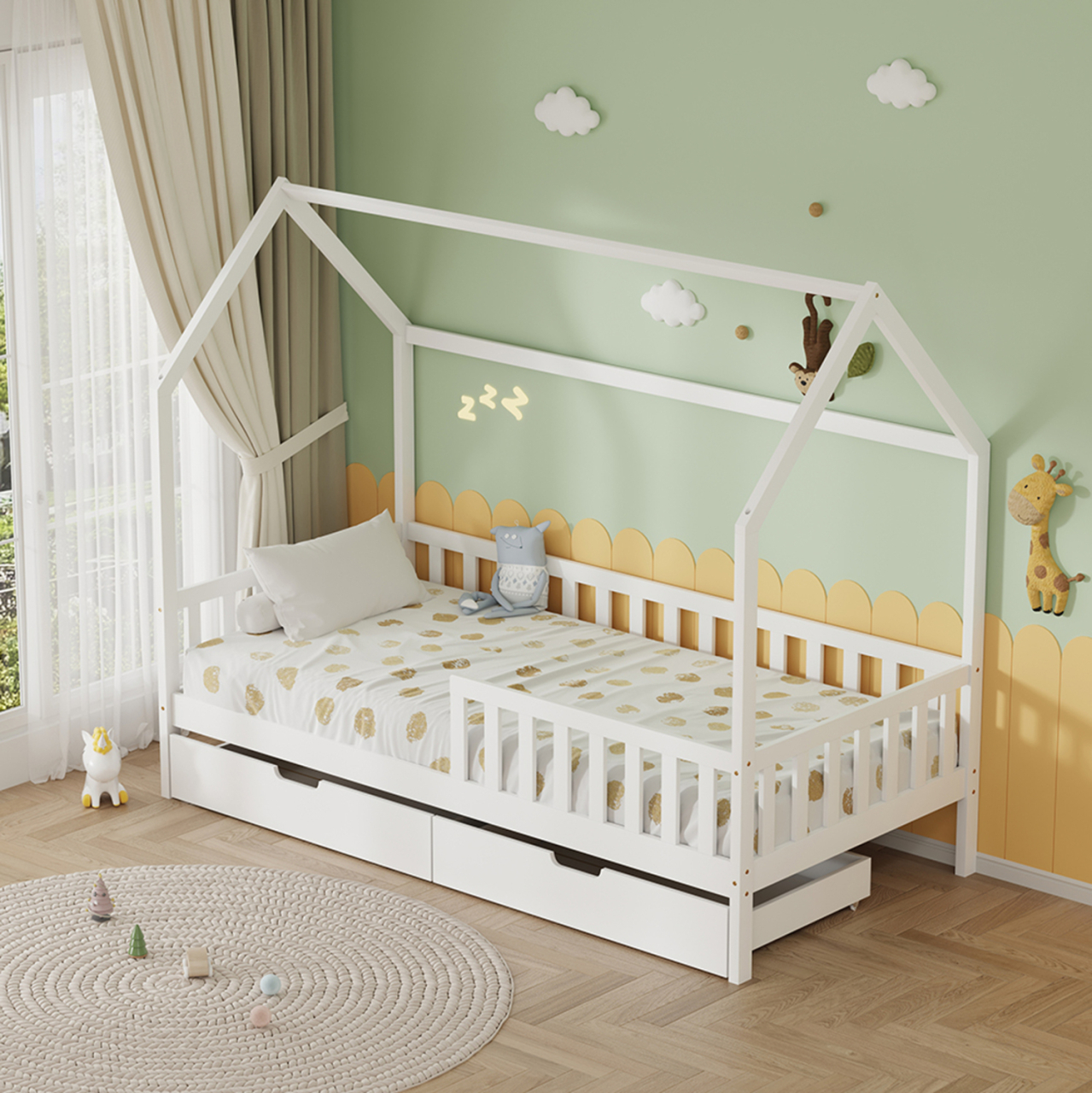 BED WITH DRAWERS PHYLLIS HM21324.01 PINE WOOD IN WHITE--WITH MATTRESS 90x190cm [2]