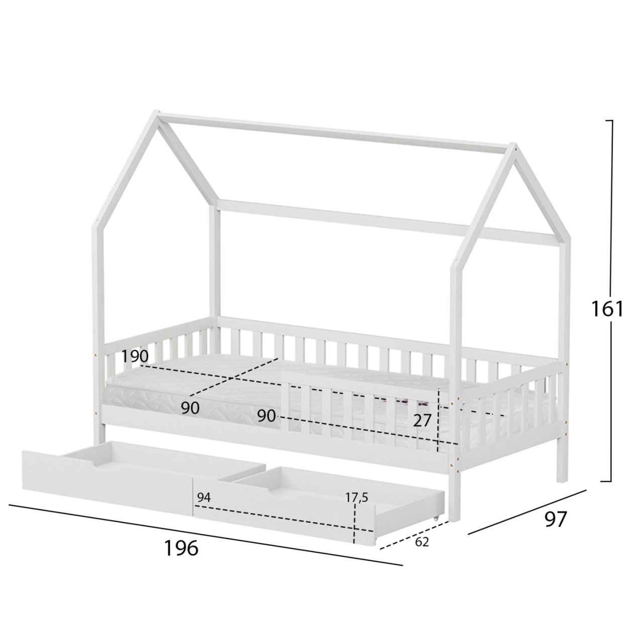 BED WITH DRAWERS PHYLLIS HM21324.01 PINE WOOD IN WHITE--WITH MATTRESS 90x190cm [3]