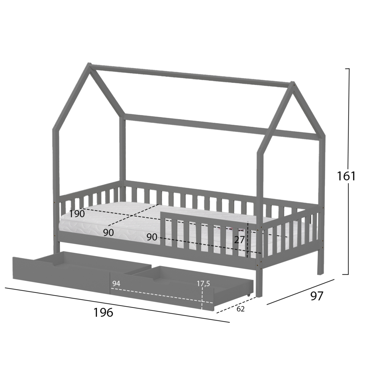 BED WITH DRAWERS PHYLLIS HM21324.02 PINE WOOD IN GREY--WITH MATTRESS 90x190cm [3]