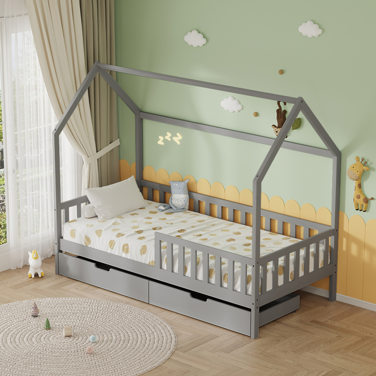 BED WITH DRAWERS PHYLLIS HM21324.02 PINE WOOD IN GREY--WITH MATTRESS 90x190cm [2]