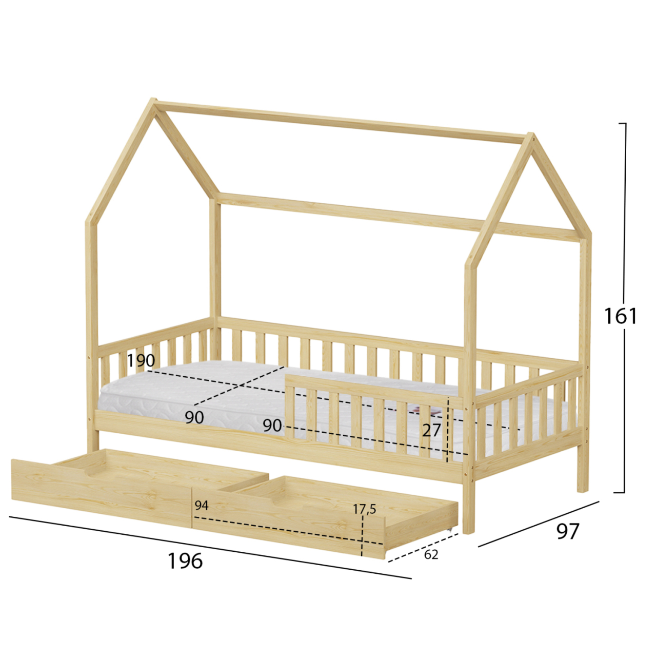 BED WITH DRAWERS PHYLLIS HM21324 PINE WOOD IN NATURAL WOOD COLOR--WITH MATTRESS 90x190cm [3]