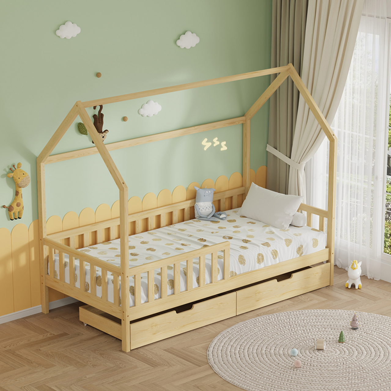 BED WITH DRAWERS PHYLLIS HM21324 PINE WOOD IN NATURAL WOOD COLOR--WITH MATTRESS 90x190cm [6]