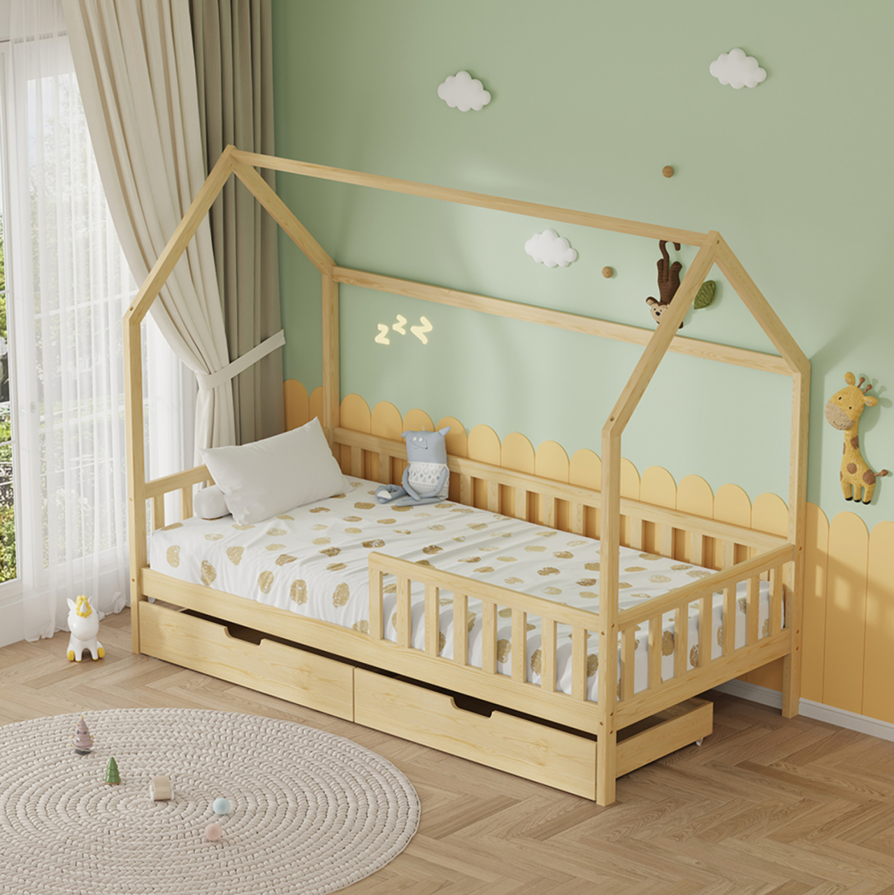 BED WITH DRAWERS PHYLLIS HM21324 PINE WOOD IN NATURAL WOOD COLOR--WITH MATTRESS 90x190cm [2]
