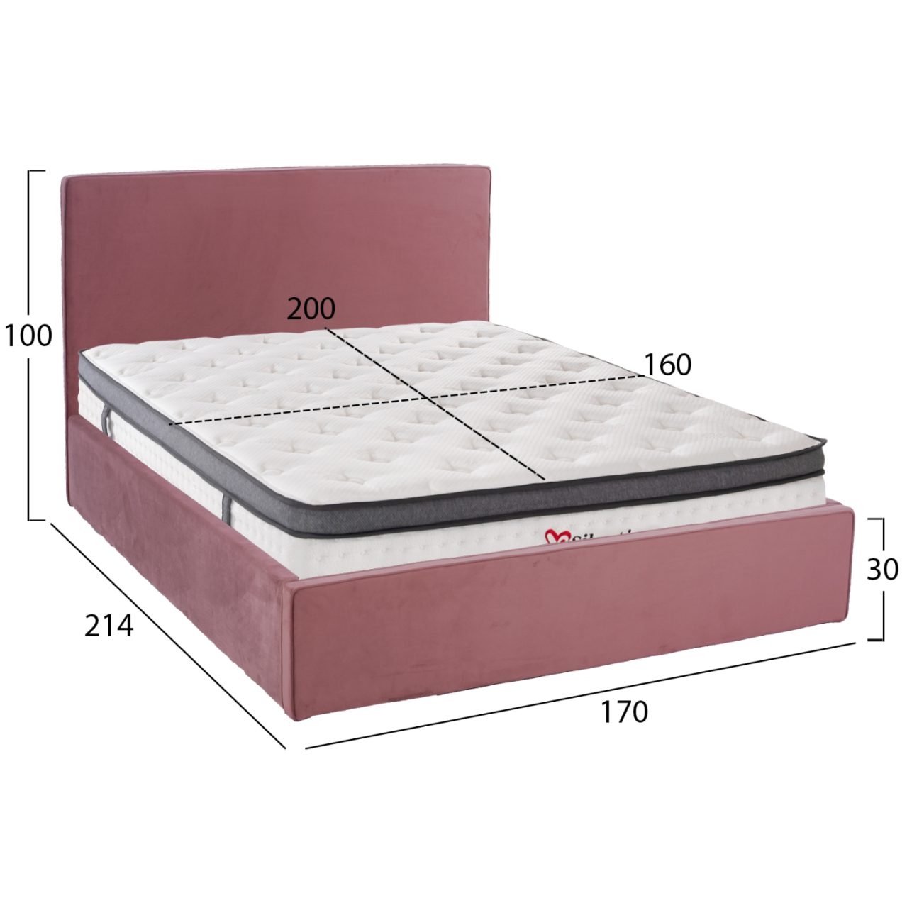 BED WITH MATTRESS and STORAGE SPACE ALLIE HM10805.12 DUSTY PINK VELVET--MATTRESS 160Χ200cm [3]