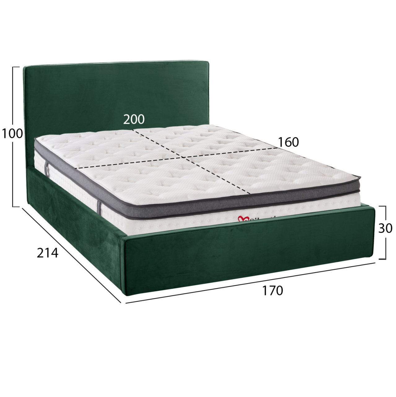 BED WITH MATTRESS and STORAGE SPACE ALLIE HM10805.13 CYPRESS GREEN VELVET--MATTRESS 160Χ200cm [3]