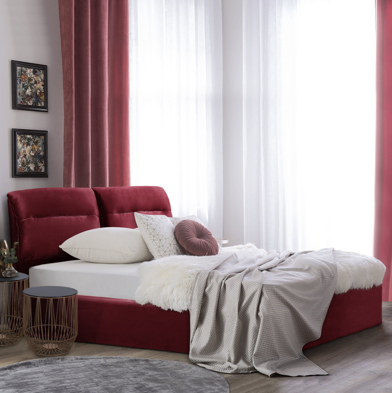 BED WITH MATTRESS and STORAGE SPACE KENDRA HM10809.06 BURGUNDY RED VELVET--FOR MATTRESS 160x200cm. [2]