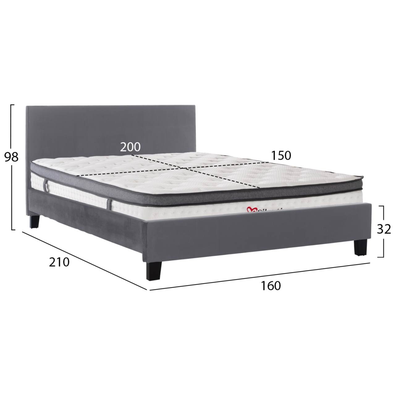 BED WITH MATTRESS BECCA HM10803.11 GREY FABRIC--FOR MATTRESS 150x200cm [3]
