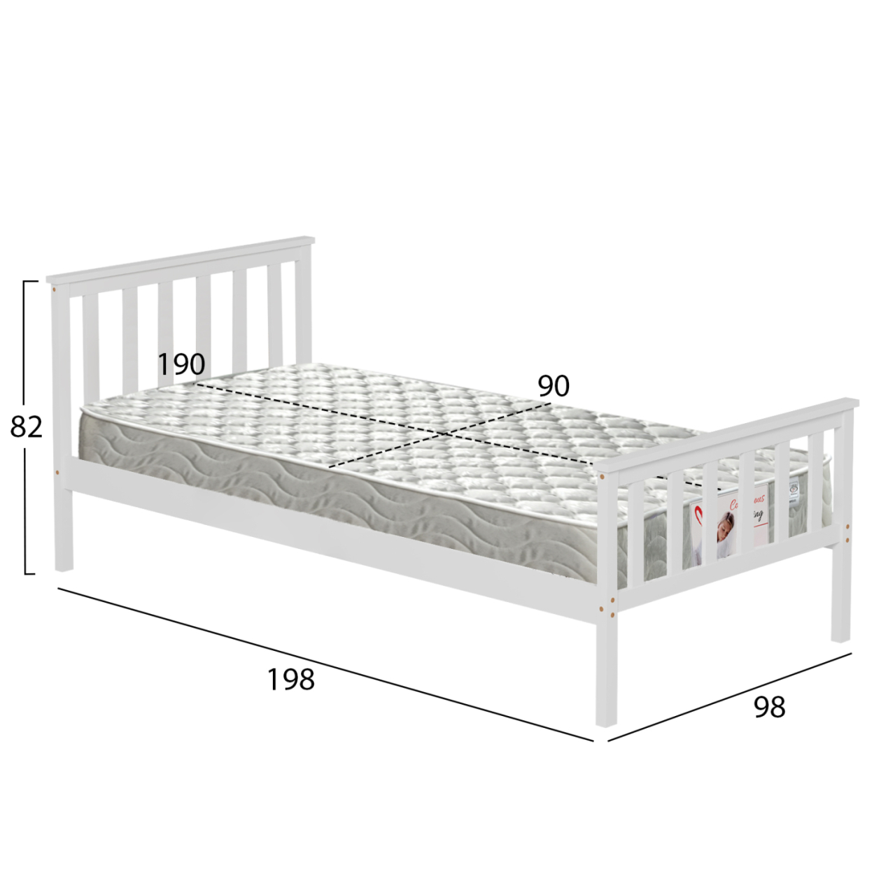 BED WITH MATTRESS GIMLY HM21300.01 PINE WOOD IN WHITE COLOR FOR MATTRESS 90x190cm [3]