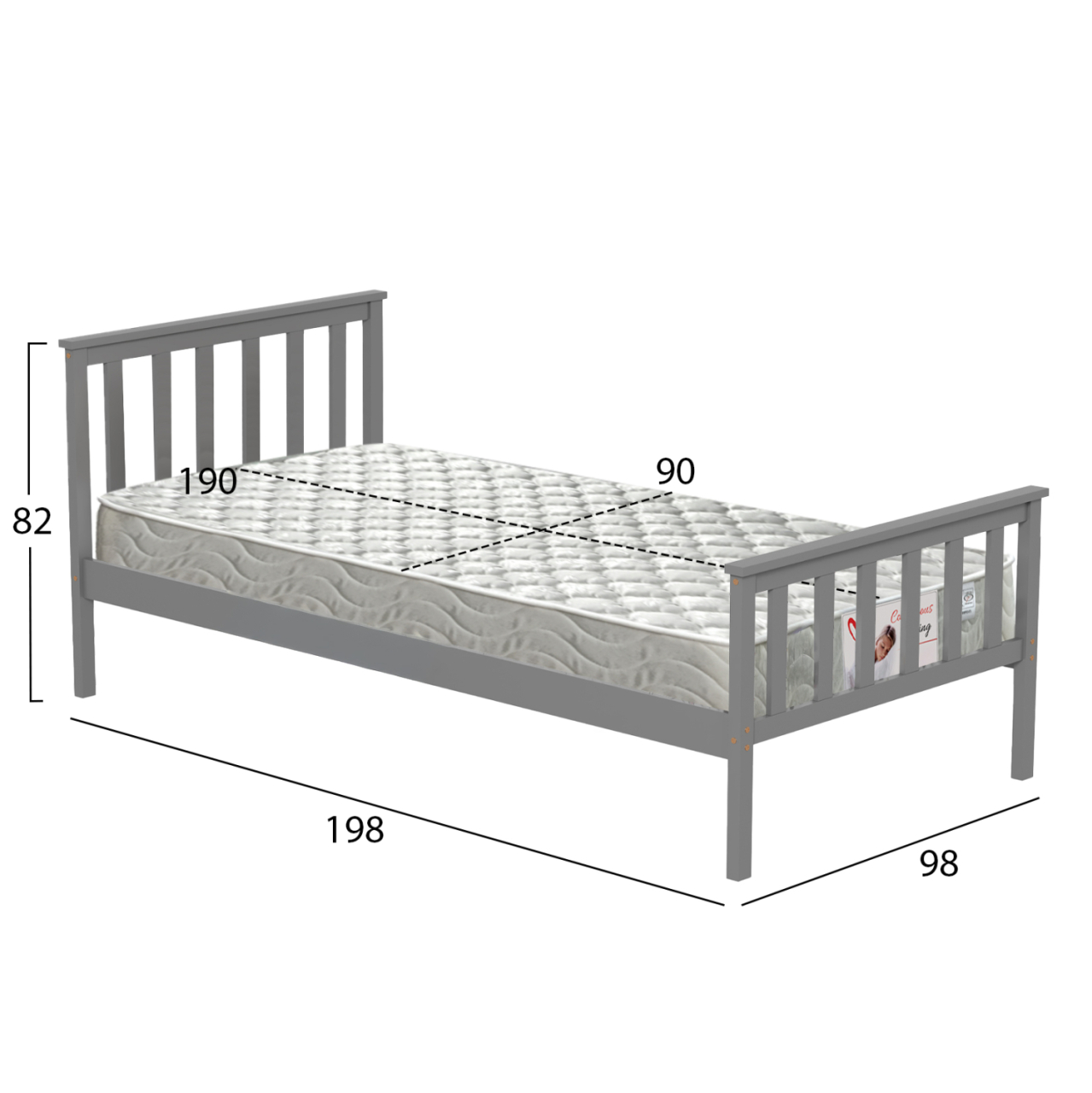 BED WITH MATTRESS GIMLY HM21300.02 PINE WOOD IN GREY COLOR FOR MATTRESS 90x190cm [3]